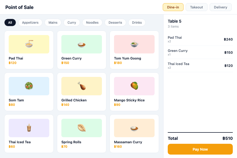 RestaurantOS Point of Sale showing Thai menu items with emoji icons and a cart panel