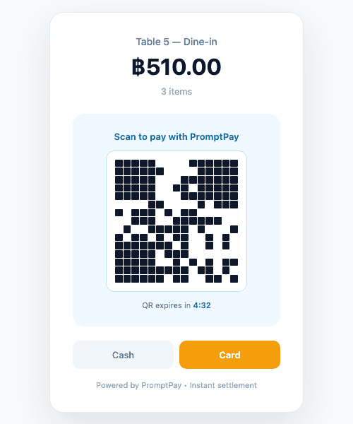 PromptPay QR code payment screen showing order total
